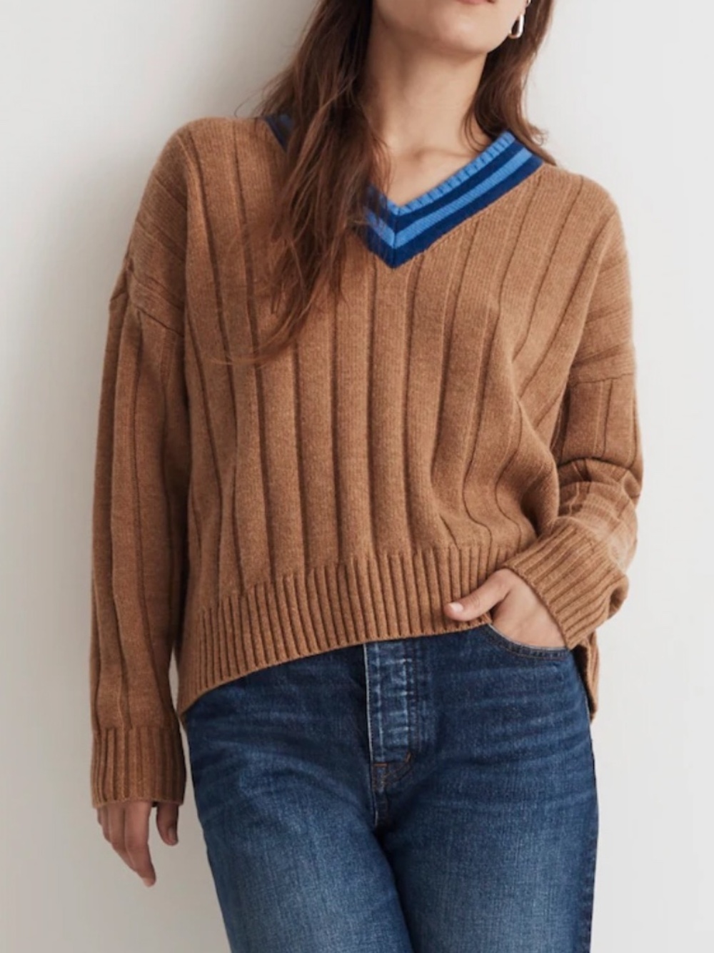 Madewell Tipped V-Neck Oversized Wool Sweater XL Heather Caramel